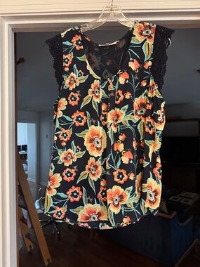 Daniel Rainn Black Floral Lace-Trim Camisole - Orange & Yellow Bloom